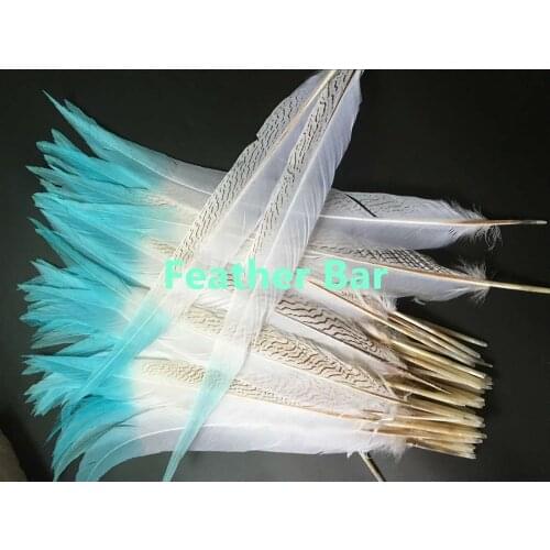 100pcs white with blue tip Silver pheasant Feathers 60-65cm two tone dyed pheasant silver Feathers DIY Feathers Cloth accessory
