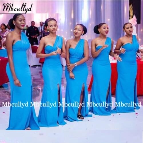 2021 Blue Bridesmaid Dresses Mermaid Elastic Satin Floor Length Lace Up Back Side Slit African Women Wedding Party Dress