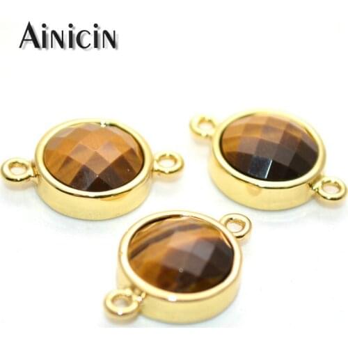 5pcs High Quality Faceted Tiger Eyes Coin Shape Connectors Gold Plating Copper Connection For Fashion Jewelry Making Findings
