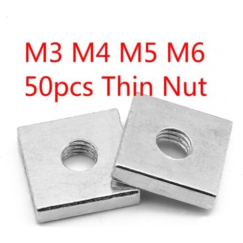 50pc Square Thin Nut M3 M4 M5 M6 Galvanized Zinc Plated Thin Block Quadrangle Block GB39 Compatible with Prusa MK3 Carbon Steel