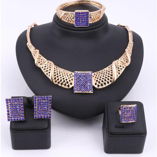 African Beads Jewelry Set For Women Wedding Accessories Blue Crystal Pendant Statement Necklace Earring Bangle Rings Jewelry Set