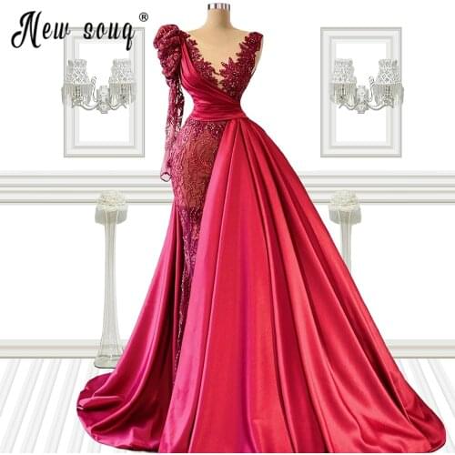 Arabic Lace One Shoulder Burgundy Evening Dress Long Sleeve 2021 Elegant Women Beads Formal Prom Dresses Wedding Party Gowns