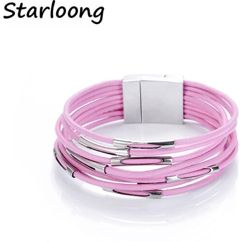 New trendy ccb tube spacer multi-layer multicolor geniune leather cord magnetic clasp wrap bracelets bangles for women and men