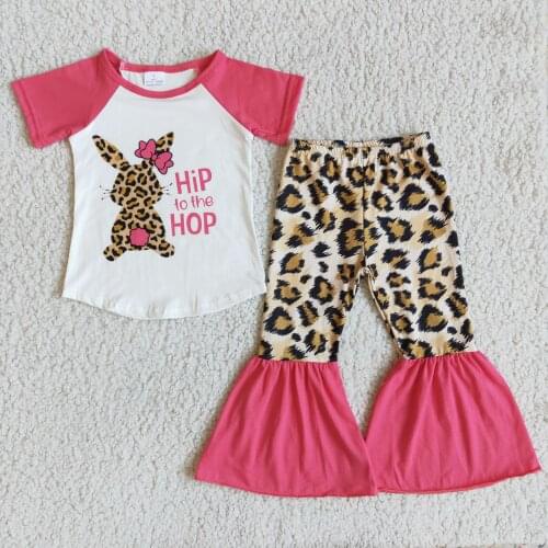 New RTS No MOQ Kids Clothing Baby Girls Clothes Outfit Cow Print High Quality Short Sleeve Top With Bell Bottoms 2pcs sets