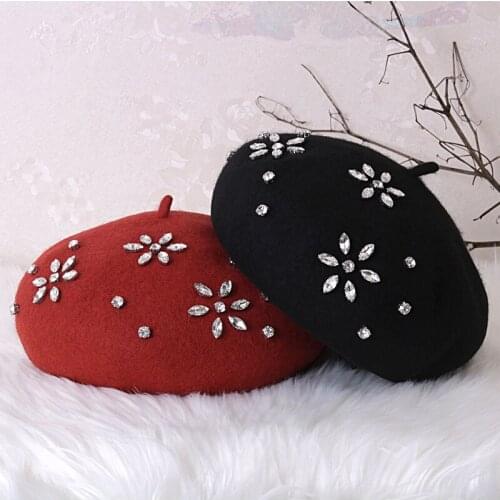 Bonnets Beret hat women wool solid color beret Diamond retro hat retro plain beret hat warm hat elegant ladies winter hat