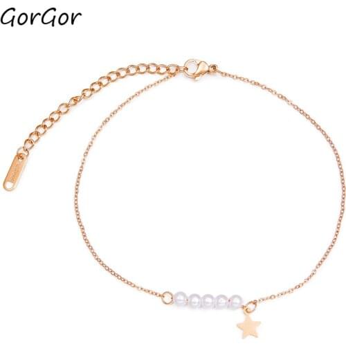GorGor Women Ankles Bohemian Foot Bracelets Simulated Pearls Beads Stars Tag with 22cm Chains Ladies Fashion Accessories 090