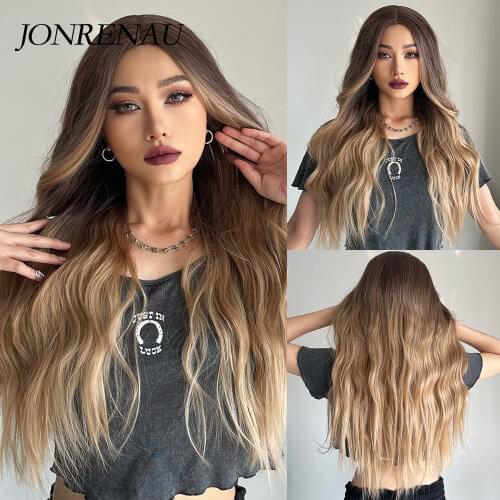 JONRENAU Synthetic with Bangs Light Brown Mixed Blonde Long Natural Wave Hair Party Wigs for White/Black Women