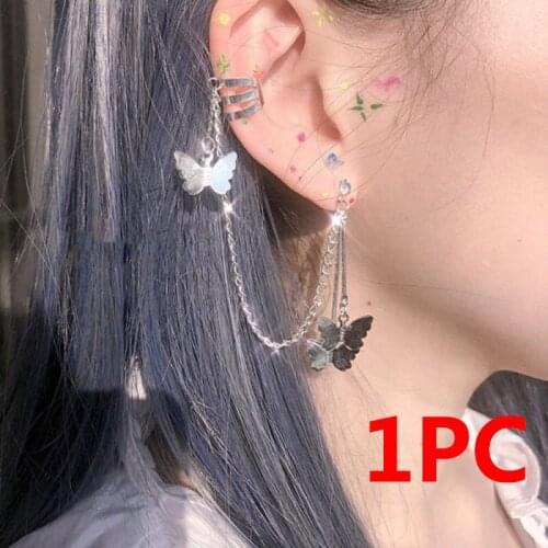 Punk 1 PC Butterfly Chain Stud Ear Clip For Women Tassel Pendant Cuff Earring Vintage Fashion Metal Girls Silver Color Jewelry