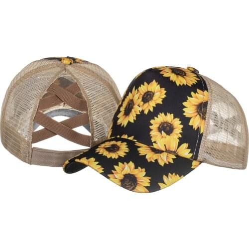 Fashion Men Women Sunflower Print Baseball Cap Mesh Adjustable Breathable Hip Hop Hat Crisscross Ponytail Hat Gorras hombre