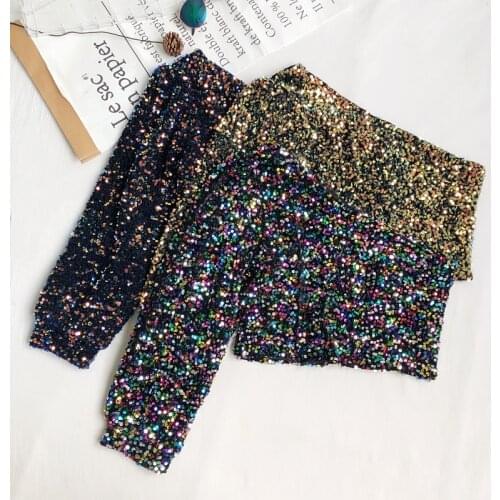 Autumn Sexy Oblique Collar Beading Tees Off Shoulders Slim High Waist Bling Glittering Sequined Shirts Shiny T-shirts Crop Tops