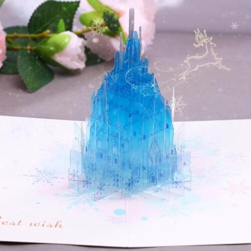 3D Blue Crystal Castle Card Pop Up Greeting Card for Holiday Christmas Thanksgiving Day Card Wedding Birthday