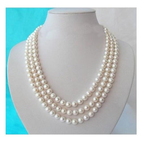 Unique Pearls jewellery Store 3row 8-9mm Round White Genuine Freshwater Pearl Necklace Fine Jewelry Women Gift