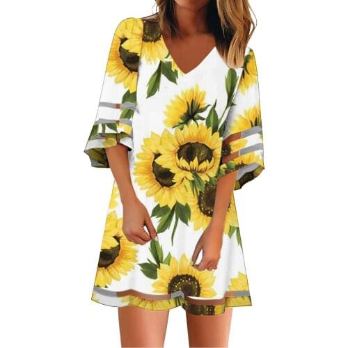 Sunflower Print Boho Dresses Women Plus Size Mesh Patchwork Dress 3/4 Bell Sleeve A-line Summer Dress Robe Longue Femme