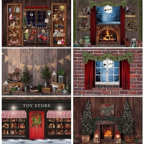 Christmas Gift Shop Moon Backdrop Background Wreath Photo Studio Props New Year Toy Reindeer Santa Wallpaper Family Party Decor
