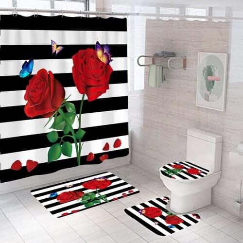 Rose Butterfly Shower Curtain Sets with Rugs Blooming Flowers Bathroom Decor Bath Rug and Mats Sets with Hooks Toilet Seat Cover