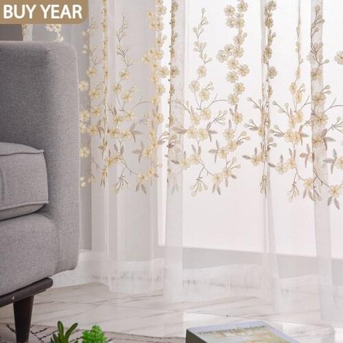 European-style Curtains for Living Room Dining Bedroom Flat Embroidered Small Leaves Blue Yellow White Three Colors Tulle