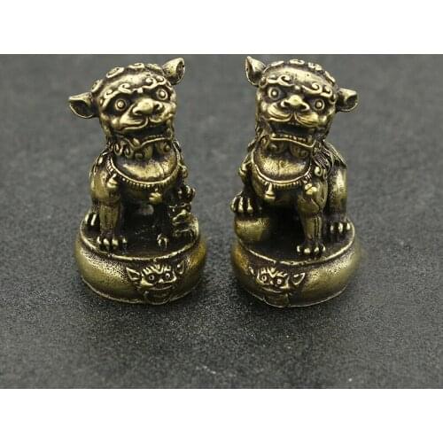 Vintage Copper 1 pair Lions stand on Drum Figurines Chinese Feng Shui Home Desk Decoration Accessories Brass Animal Ornaments