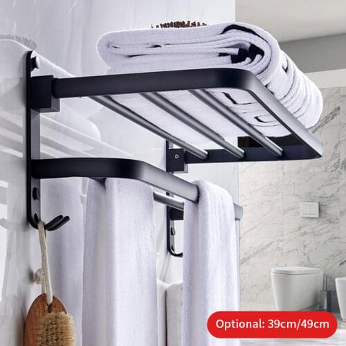 Bathroom Towel Rack Frosted Black Aluminum Wall-Mounted Punch-Free Folding Storage Rack With Hook Rack Shower Room Accessories