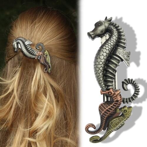 Women Bridal Metal Sea Horses Ocean French Updo Hair Head Clip Dress Snap Barrette Pin Statement Gift Punk Rock Celebrity