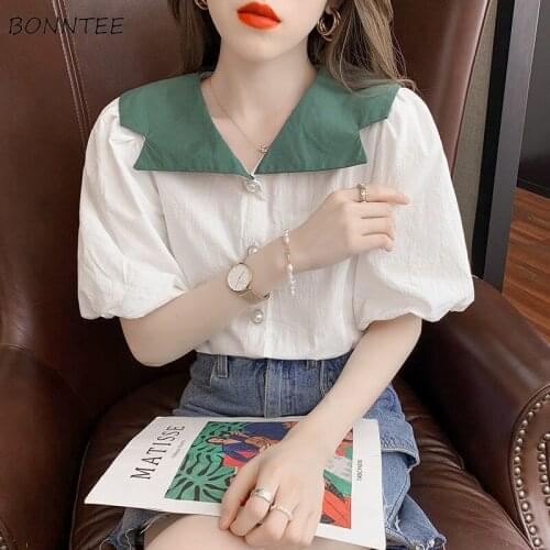 Puff Sleeve Shirt Women Patchwork Peter Pan Collar Casual Harajuku Elegant Daily Chic Sexy Female Clothes Simple Teens Mujer