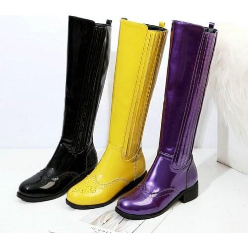 Women Knee High Boots Round Toe Mid Thick Heels Patent PU Leather Fashion Boots Side Zip Winter Boots Black Yellow Purple