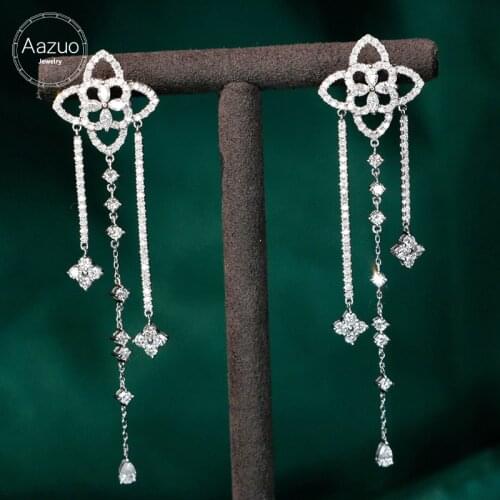 Aazuo Real 18K White Gold Real Diamonds 2.3ct 4 leaves Flower Drop Chain Stud Earrings gifted for Women Wedding Party Au750