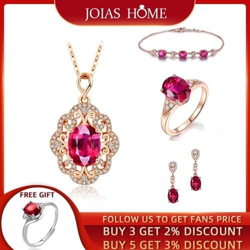 Joiashome 925 Sterling Silver Earrings Rings Necklace Bracelets for Women Jewelry Sets with Ruby Gemstones Wedding Wholesale