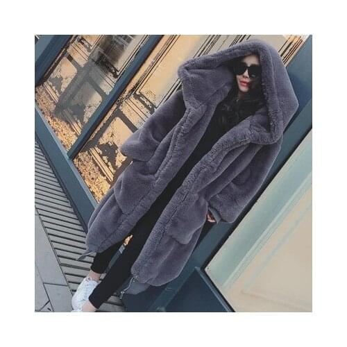 Winter Hooded Faux Fur Long Coat 2020 Korean New Faux Fur Rex Rabbit Thick Long Hooded Faux Fur Coat Female Clothing Slim Warm