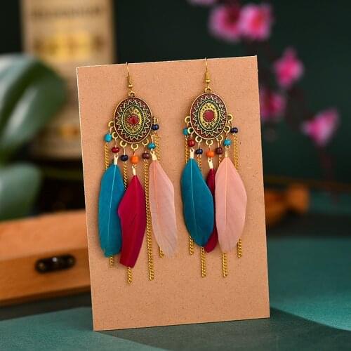 Bohemia Geometric Oval Dripping Oil Long Feather Earrings Women Retro Ethnic Gold Long Chain Tassel Rice Bead Indian Earring