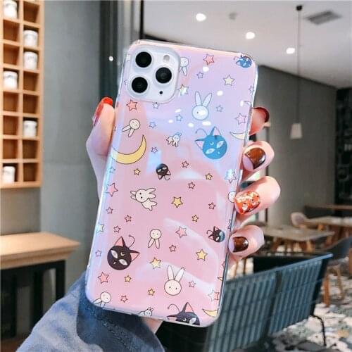 Cute Luna Cat Blue light Phone Case For iPhone12 11 XSMAX 78PLUS SE2020 soft Cover XR Glossy Skinny Shell Phone Protection