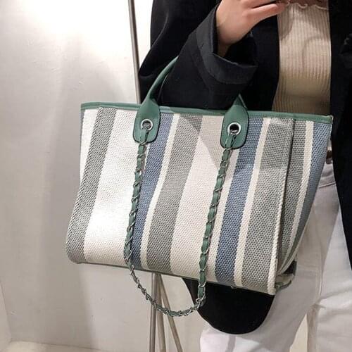 Canvas Striped Women Handbag Panelled Large Capacity Woman Shoulder Bags Chain Woven Fashion Tote Luxury Dating Shopping Purse