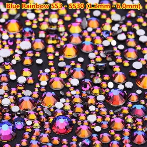 1440pcs Mix Sizes ss3-ss30 Blue Rainbow Nail Design Art Rhinestones Non Hotfix Glue on Nails Glass Crystal Nail Art Decorations