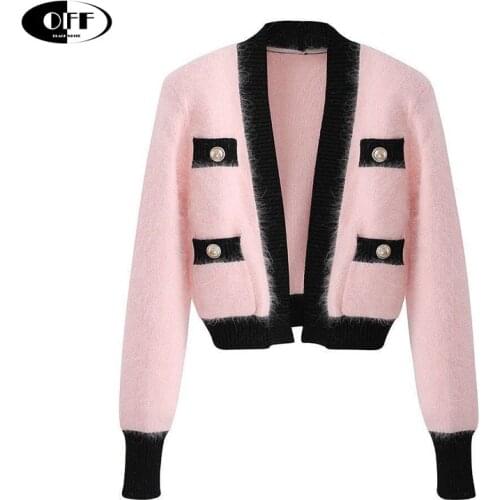 Fake Mink Fur Cardigan Short Jacket Women Elegant Sexy V-Neck Button Up Knitting Clothes Autumn Winter 2020 Coat Sweater Outwear