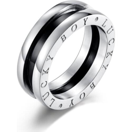 Lucky boy Ring Quality Stainless Steel Imitation Ceramic for Men Black Color Letter Creative Pendant Ring with Chain