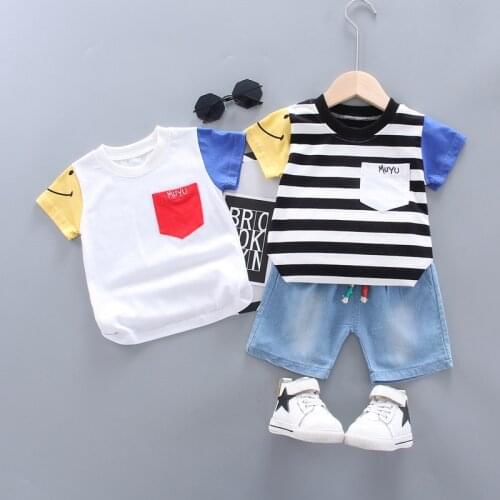 Summer Infant Baby Boys Clothes Sets Toddler Girls Clothing Pocket Stripe T-Shirt+Denim Shorts 2PCS Fashion Childrens Outfits