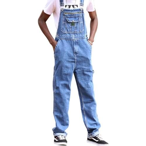 American Style Loose Jeans Men Overalls Bib Denim Jumpsuits Workwear Straight Wide Leg Cargo Pants Blue Trousers Size 28-50