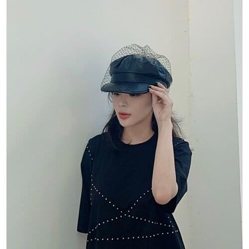 VRIGINER Fascinating Black Hat Chic Leather French Beret With Veil Mesh Show Double Layer Women Beret Beanies Cap