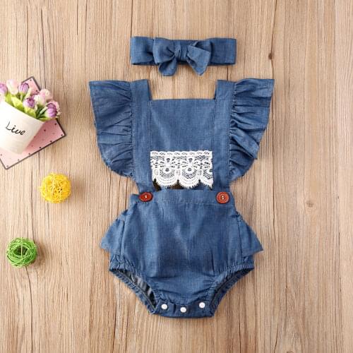 Pudcoco Newborn Baby Girl Clothes Solid Color Sleeveless Ruffle Lace Flower Denim Romper Jumpsuit Headband 2Pcs Outfits Sunsuit