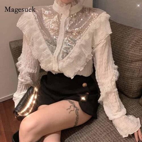 Autumn New Women Vintage Korean Slim Ruffles Overalls for Women Retro Sequined Lace White Chiffon Blouse Ropa De Mujer 10954
