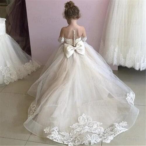 Flower Girl Dress Patchwork Long Primera Comunion Decoracion Off The Shoulder Bow Princess Ball Gowns For Girls