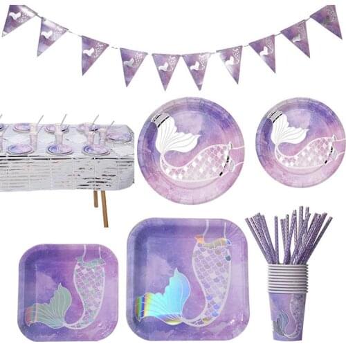 Birthday Party Tableware Set Mermaid Tableware Set Paper Plates Cups Banner Straw Paper Towels Decoration Party Wedding Supply