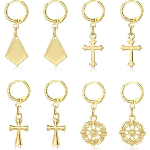 1Pair Vintage Cross Hollow Round Rhombus Hoop Earrings For Women Simple Gold Metal Geometric Ear Stud Huggie Earrings Jewelry