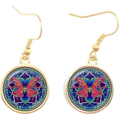 Mandala Flower Butterfly Earrings OM Symbol Buddhism Zen Picture Glass Cabochon Drop Earring Vintage Golden Color Jewelry Women