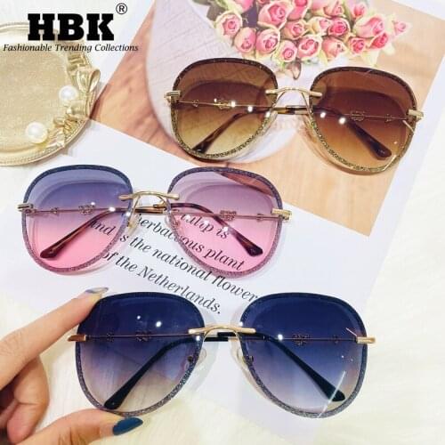 HBK 2021 New Arrivals Rimless Pilot Bling Sunglasses For Women Men Luxury Brand Design UV400 High Quality Round Brown Sun Shades