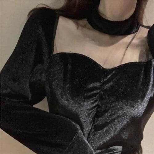 Spring Women Blouses V-neck Long Sleeve Gauze Patchwork Pleuche Short Shirts Sexy Backless Temperament Blouse Lace Tops