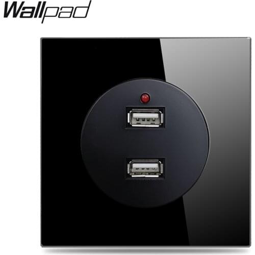 Wallpad L6 Double 2 USB Charging Ports Wall Socket 2.1A Outlet Black Glass Panel