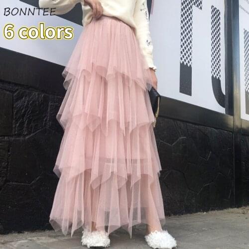 Skirts Women Mesh Princess Style Girlish Sweet Ankle-length Elegant Korean Version High-waist Casual Female Party Designers New