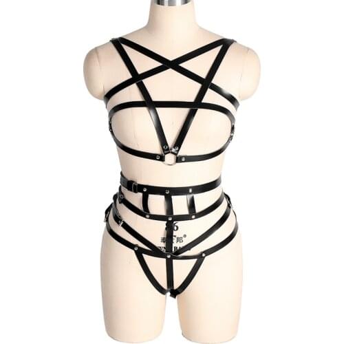 Women 2Pcs/set Bdsm Bondage Belt Goth Pentagonal Bra Suspender Lingerie Sexy Leather Leg Harness Underwear Garter Belt Stockings