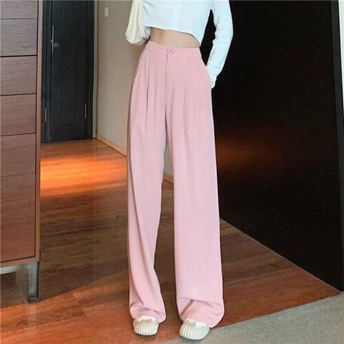 Favour Korean Style Women Pants Spring 2021 Fashion Loose Casual High Waist Wide Leg Pants Pink Wide Leg Solid Trousers Women