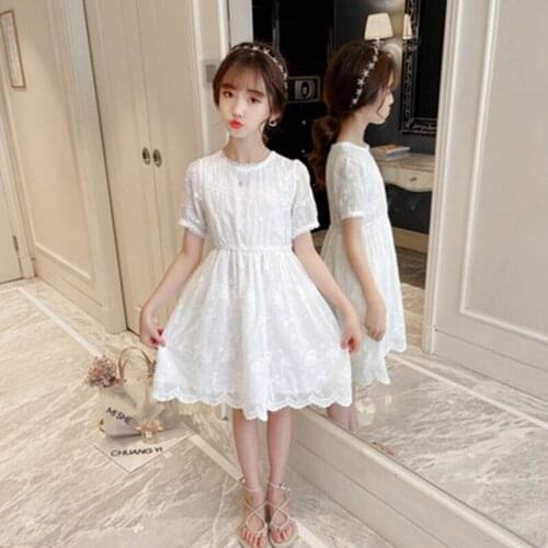 4-12Y Kids Casual Dresses for Girls White Embroidery Lace Mesh Ruffles Dress 2021 New Summer Korean Princess Dress Girls Clothes